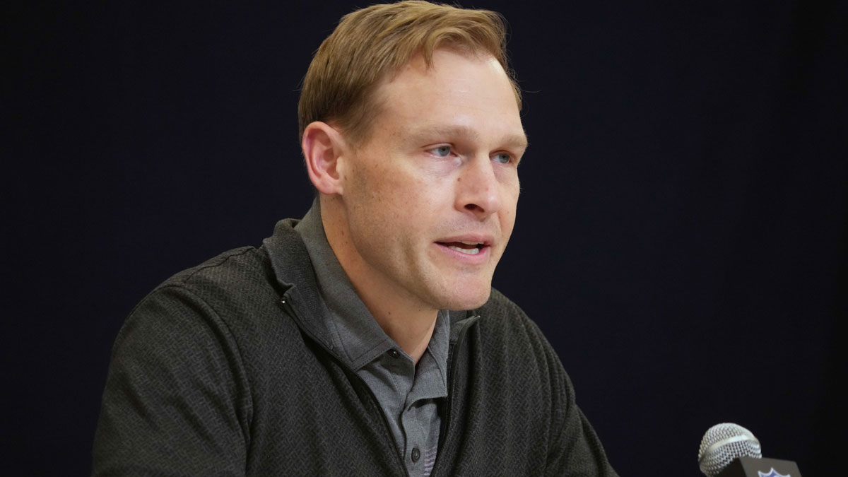 Chicago Bears coach Ben Johnson speaks during the NFL Scouting Combine at the Indiana Convention Center.