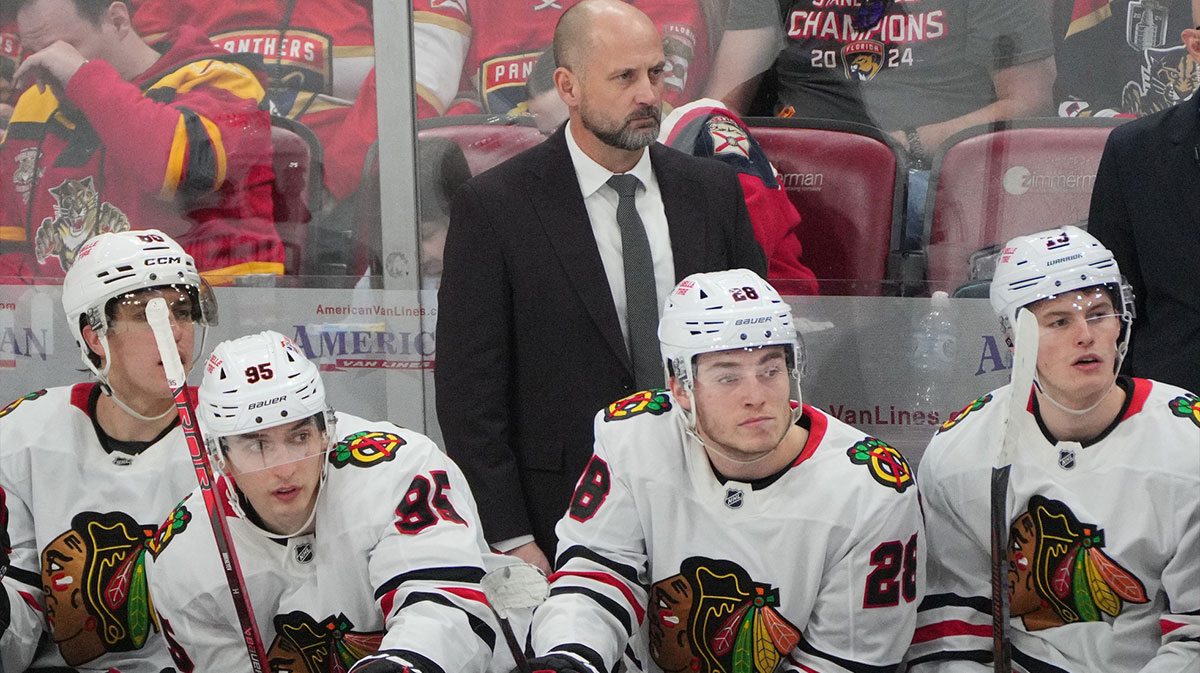 Chicago Blackhawks head coach Anders Sorensen looks on during in the third period against the Florida Panthers at Amerant Bank Arena.