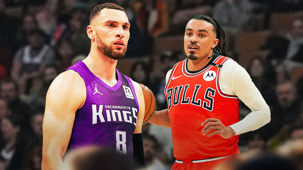 Bulls, Bulls trade, Zach LaVine, Bulls trade grade, Zach LaVine trade, Zach LaVine in Kings uni and Tre Jones in Bulls uni, Bulls arena in the background