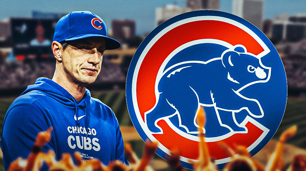 Craig Counsell looking excited next to a Cubs logo