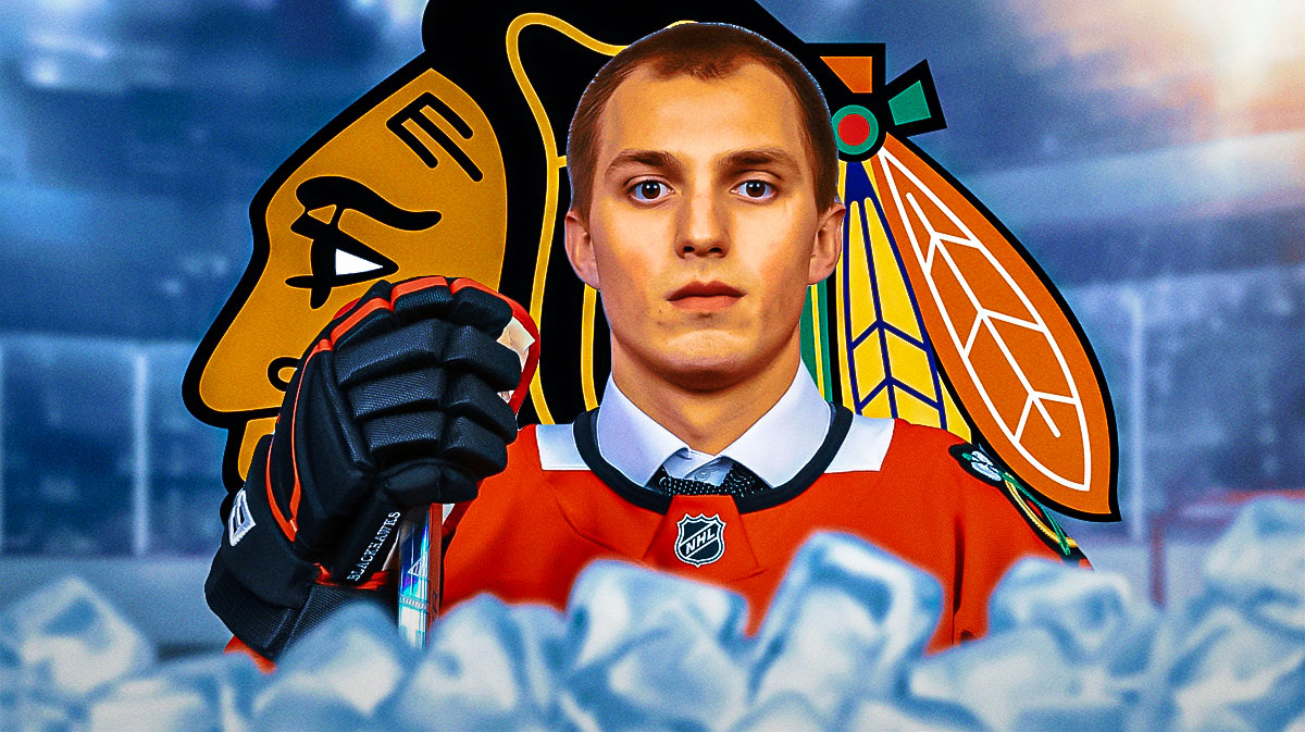 Artyom Levshunov in image looking hopeful, Chicago Blackhawks logo, hockey rink in background
