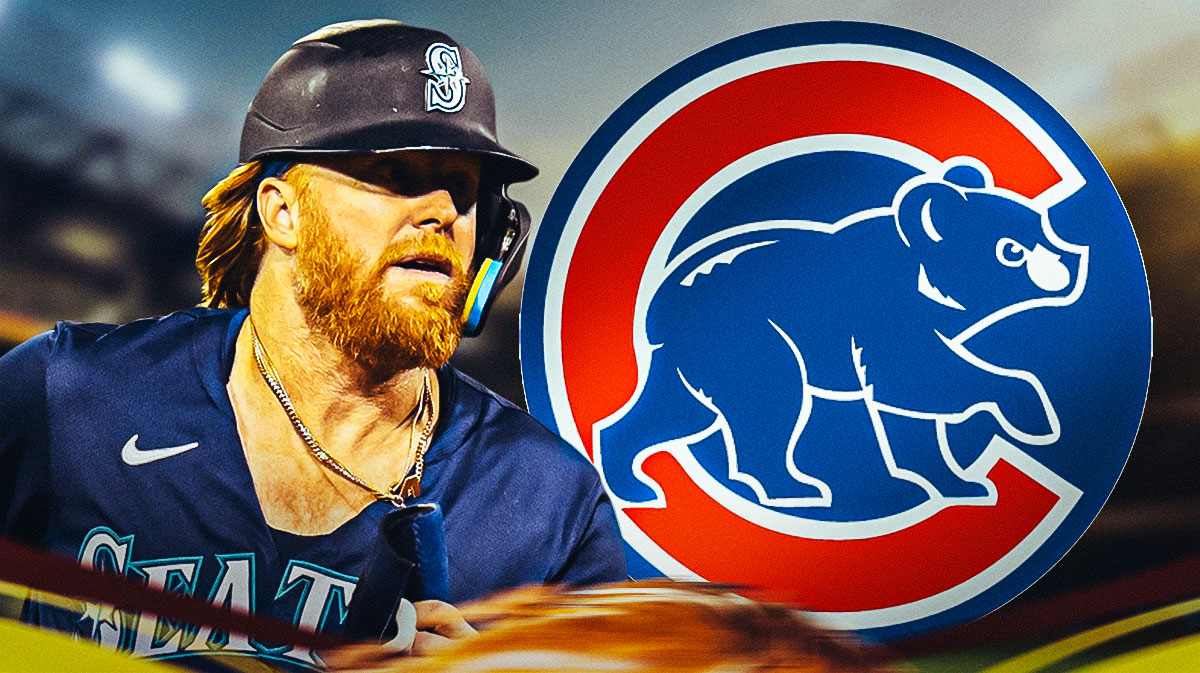 Justin Turner (Mariners) with Chicago Cubs logo in the background