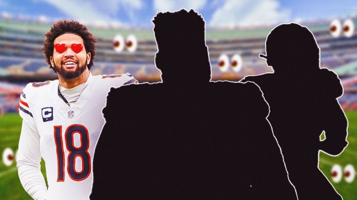 Caleb Williams excited with heart eyes (like this 😍) looking at SILHOUETTES of offensive linemen: free agent target OG Trey Smith and 2025 NFL Draft prospect OT Will Campbell. Multiple blurried 👀 emojis in background. Background is Soldier Field.