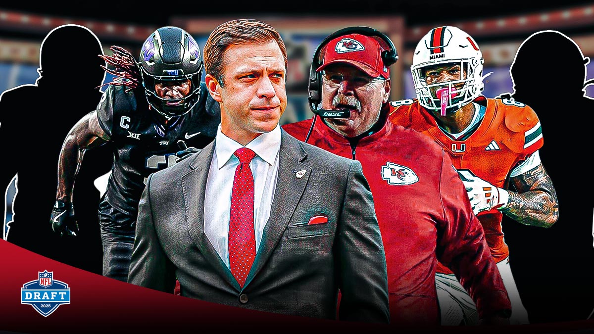 Chiefs GM Brett Veach and HC Andy Reid in middle of screen. On one side, please put a SILHOUETTE of Texas OT Cameron Williams and an actual photo of TCU WR Savion Williams. Then, on the other side, please put a SILHOUETTE of Ohio State RB TreVeyon Henderson and an actual photo of Miami (Fl.) TE Elijah Arroyo. 2025 NFL Draft logo in foreground. Background is NFL Draft stage.