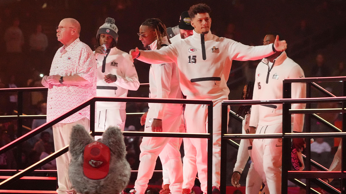 Kansas City Chiefs quarterback Patrick Mahomes (15) gestures to the crowd as he is introduced during Super Bowl LIX Opening Night at Ceasars Superdome.
