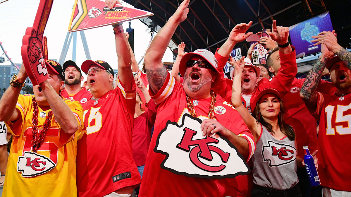 Kansas City Chiefs fans cheer during the first round of the 2022 NFL Draft at the NFL Draft Theater. 