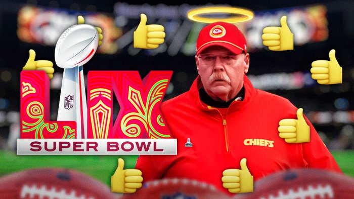 Chiefs HC Andy Reid smiling with an angellic halo over his head. Super Bowl LIX logo in background. Multiple 👍 emojis throughout background. Background is Caesars Superdome.