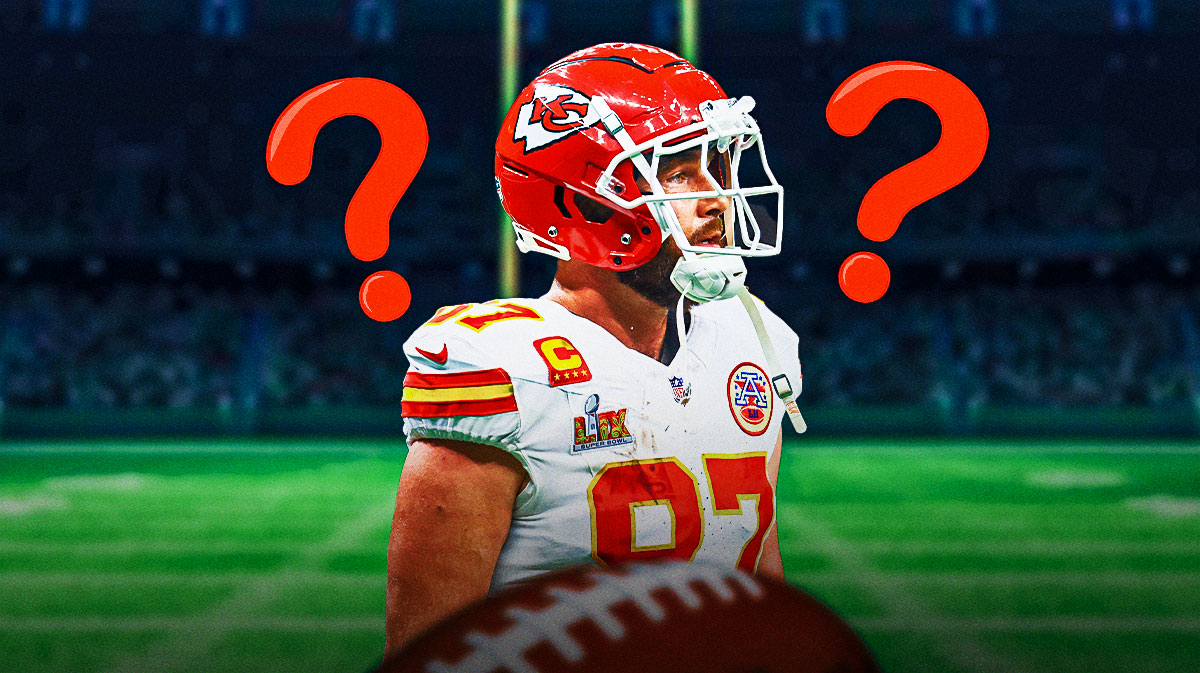 Travis Kelce with question marks around the picture.