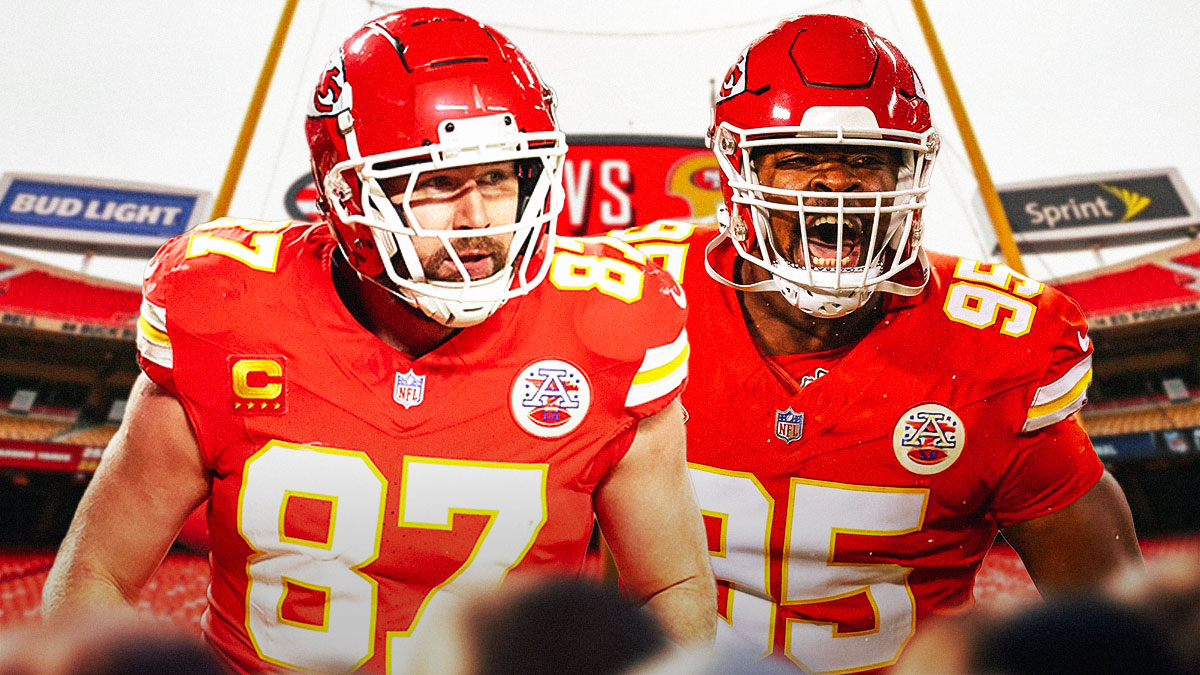 Chiefs' Travis Kelce and Chris Jones, Arrowhead Stadium behind them