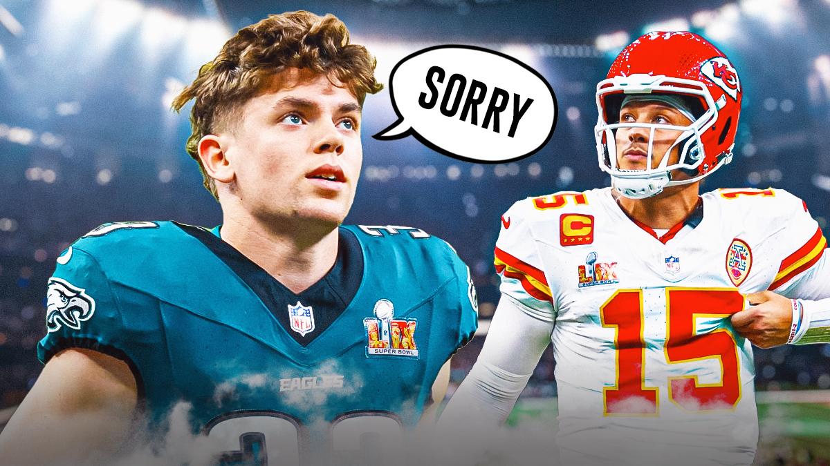 Cooper DeJean with a text bubble reading "Sorry" next to Patrick Mahomes in front of the Super Bowl stadium.