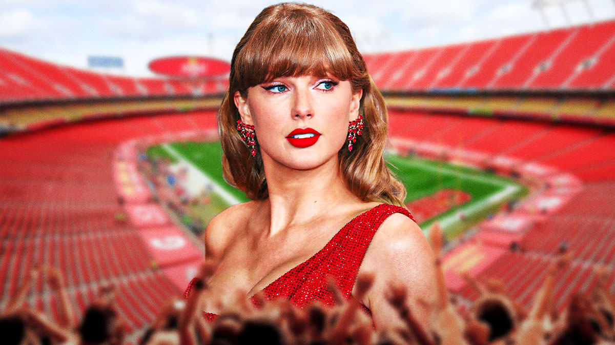 Travis Kelce's girlfriend Taylor Swift with GEHA Field at Arrowhead Stadium, where the Kansas City Chiefs games are played, in background.