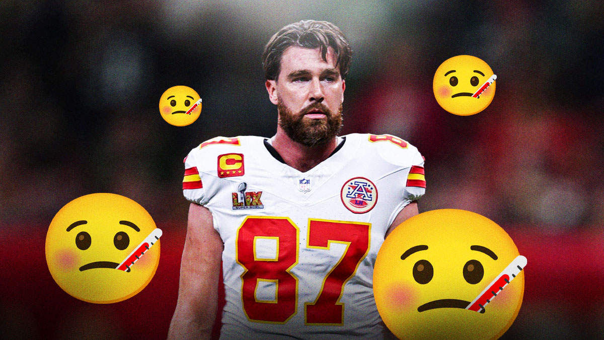 Travis Kelce surrounded by 🤒 emoijs