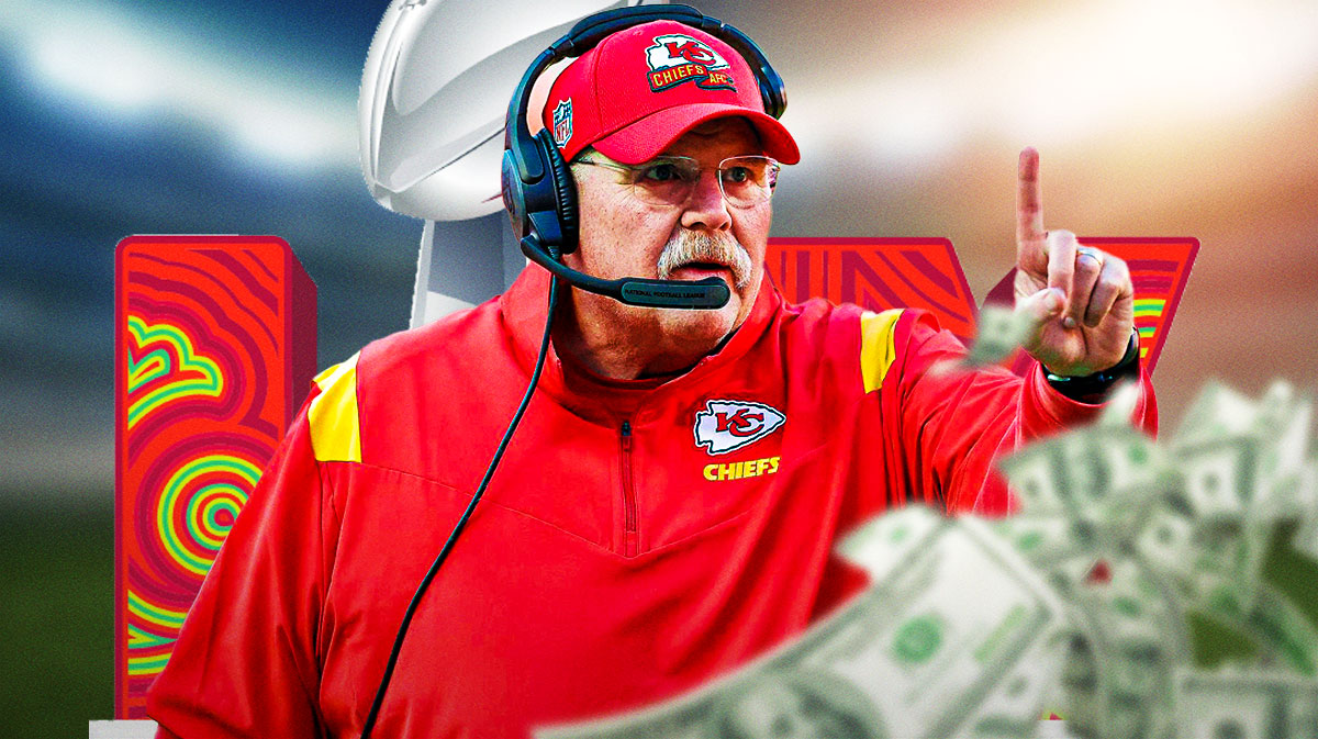 Chiefs Andy Reid with a stack of money next to him and Super Bowl LIX logo