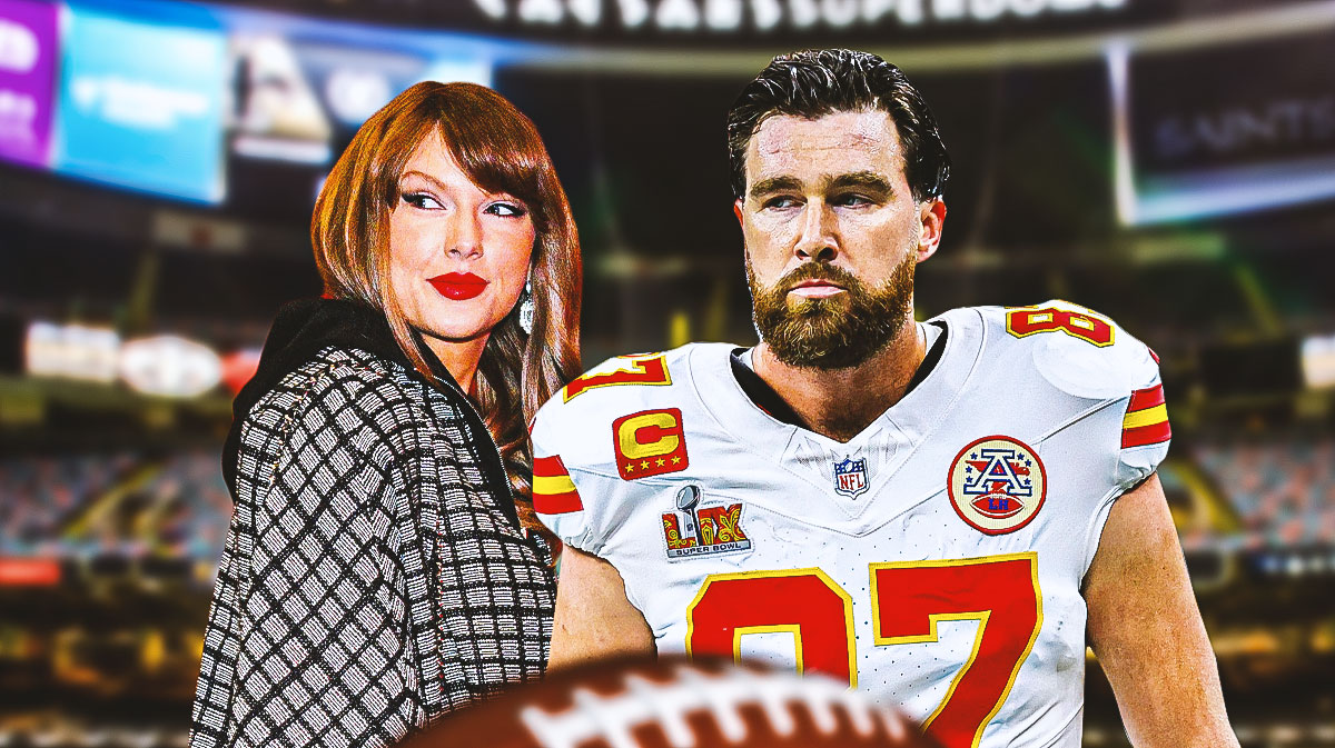 Taylor Swift, who was booed during Kansas City Chiefs-Philadelphia Eagles Super Bowl 59, next to Travis Kelce and Caesars Superdome background.