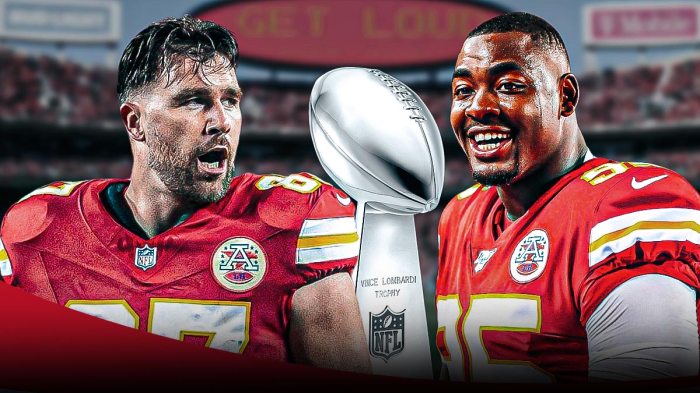 Chris Jones and Travis Kelce in Kansas City Chiefs uniforms with the Lombardi Trophy between them and Chiefs' Arrowhead Stadium in the background.