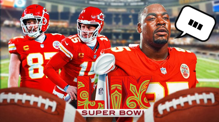 Chiefs QB Patrick Mahomes, TE Travis Kelce, and DL Chris Jones with a speech bubble above their head saying, "..." Super Bowl LIX logo in front. Background is Caesars Superdome.