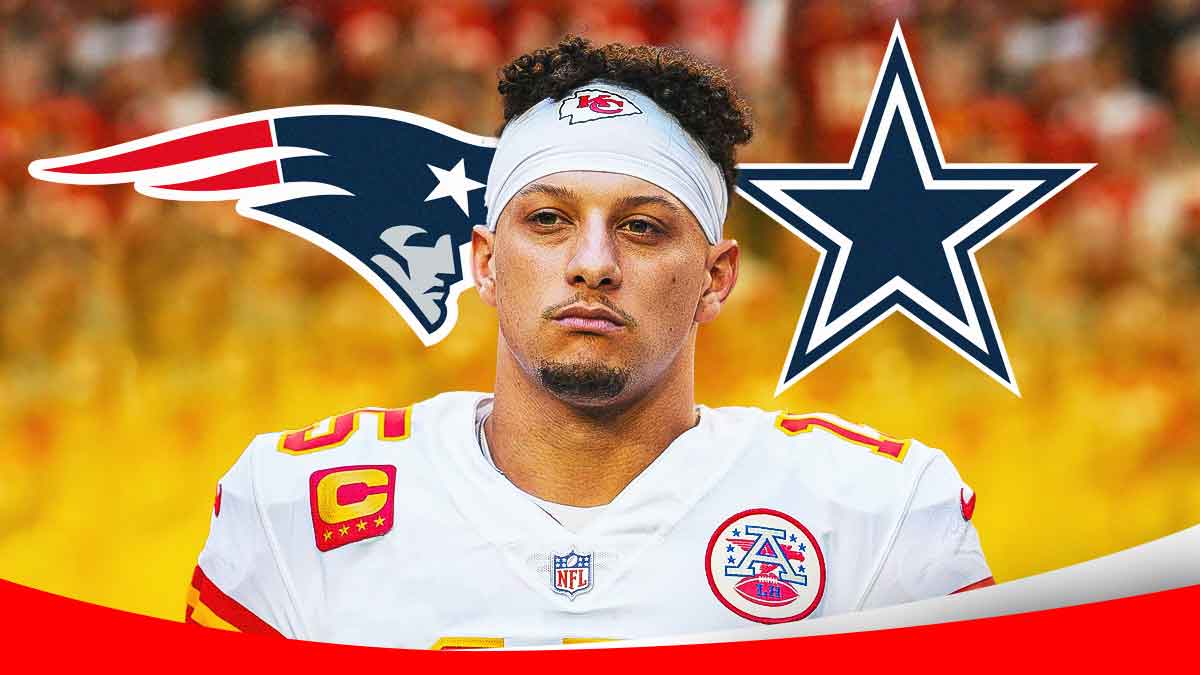 Patrick Mahomes, New England Patriots and Dallas Cowboys logos, eyes symbols surrounding Mahomes