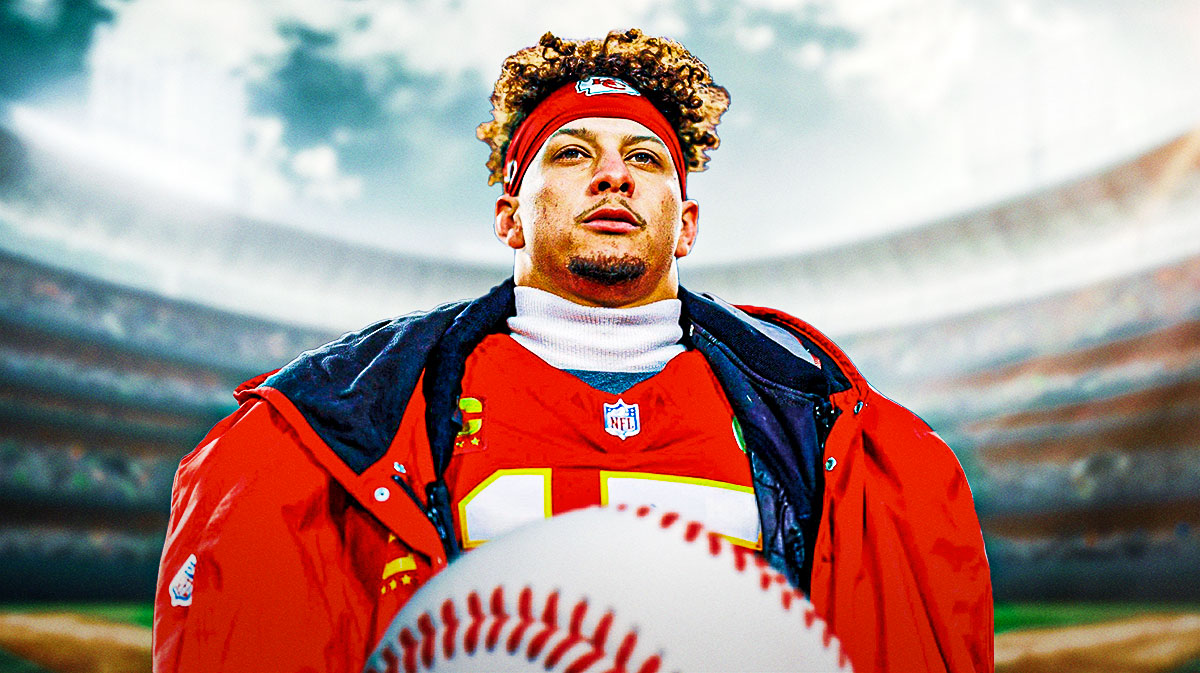 Patrick Mahomes, Chiefs, Patrick Mahomes Chiefs, Super Bowl, Patrick Mahomes baseball, Patrick Mahomes with baseball field in the background