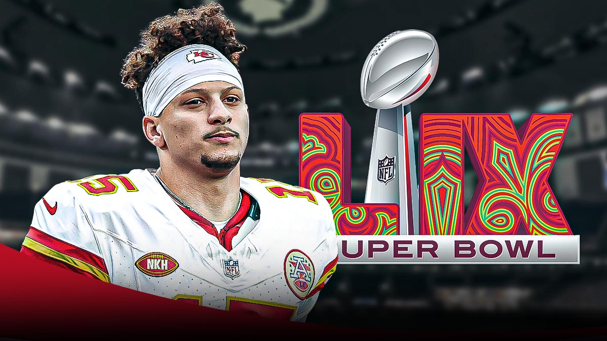 Patrick Mahomes looking serious. Super Bowl 59 logo.
