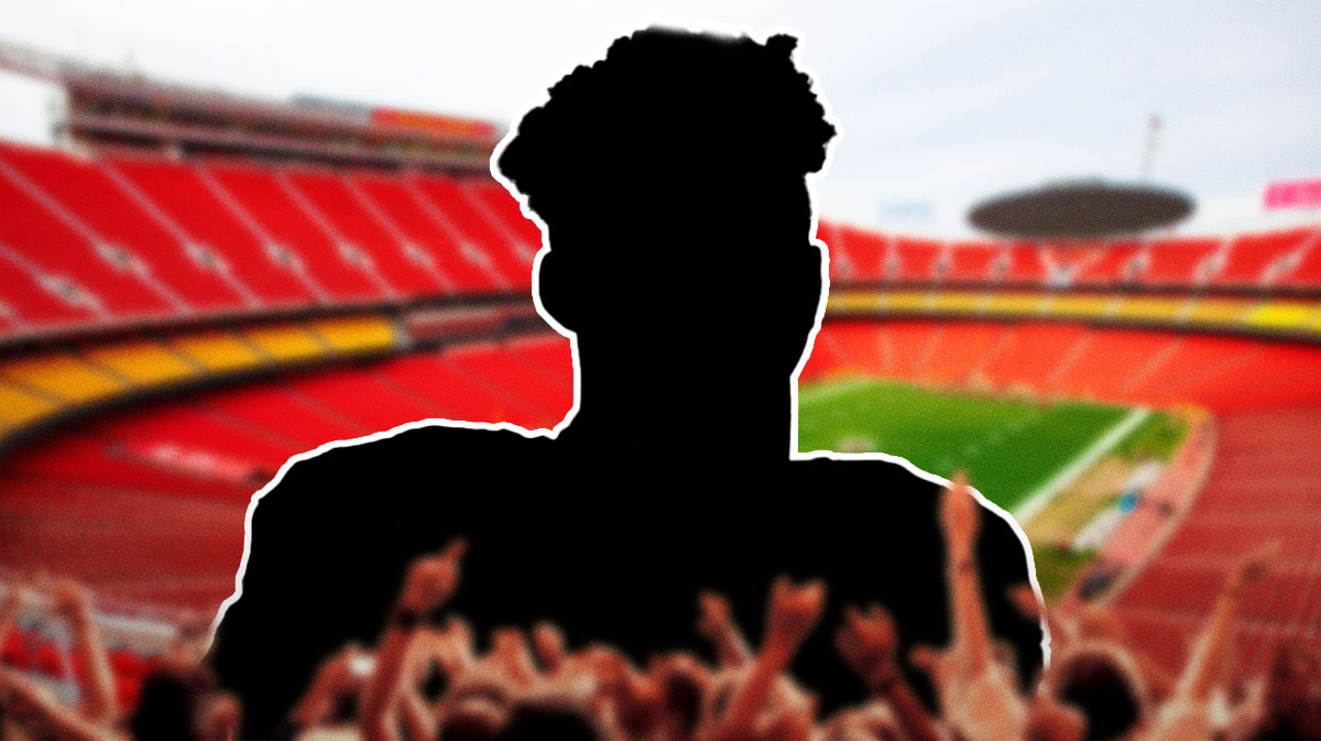 Silhouette of Kansas City Chiefs quarterback Patrick Mahomes, who recently got a haircut after they lost Super Bowl 59 to the Philadelphia Eagles, with GEHA Field at Arrowhead Stadium background.