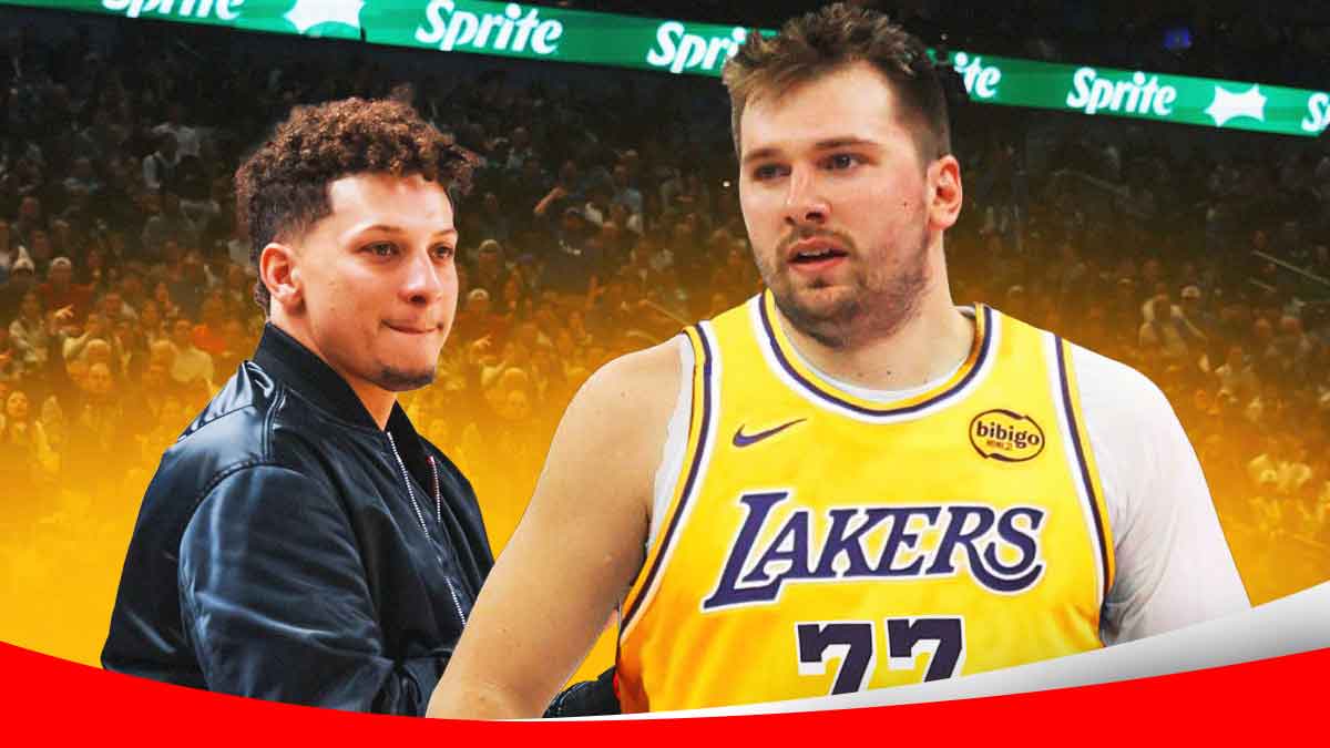 Patrick Mahomes looking at Luka Doncic.
