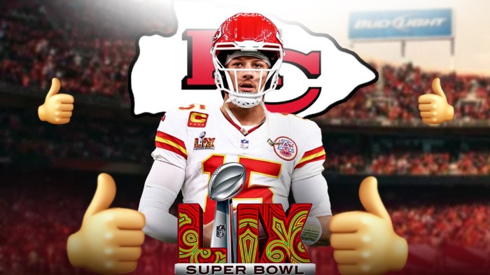 Image of Chiefs QB Patrick Mahomes (NOT smiling) giving a thumbs up next to Super Bowl LIX logo. Chiefs logo in background