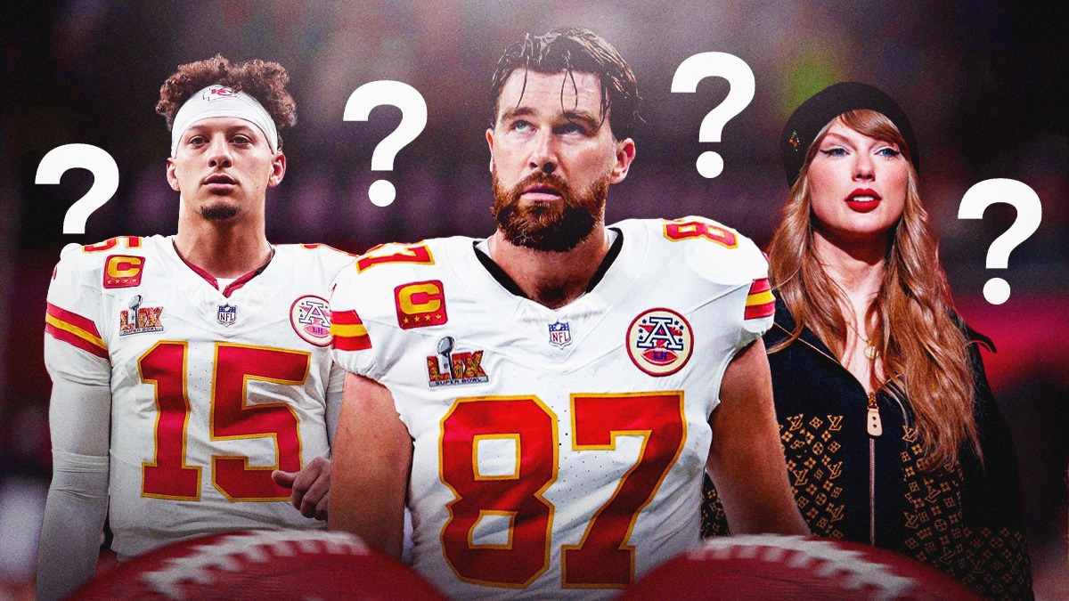 Travis Kelce standing next to Patrick Mahomes and Taylor Swift with question marks around all of them