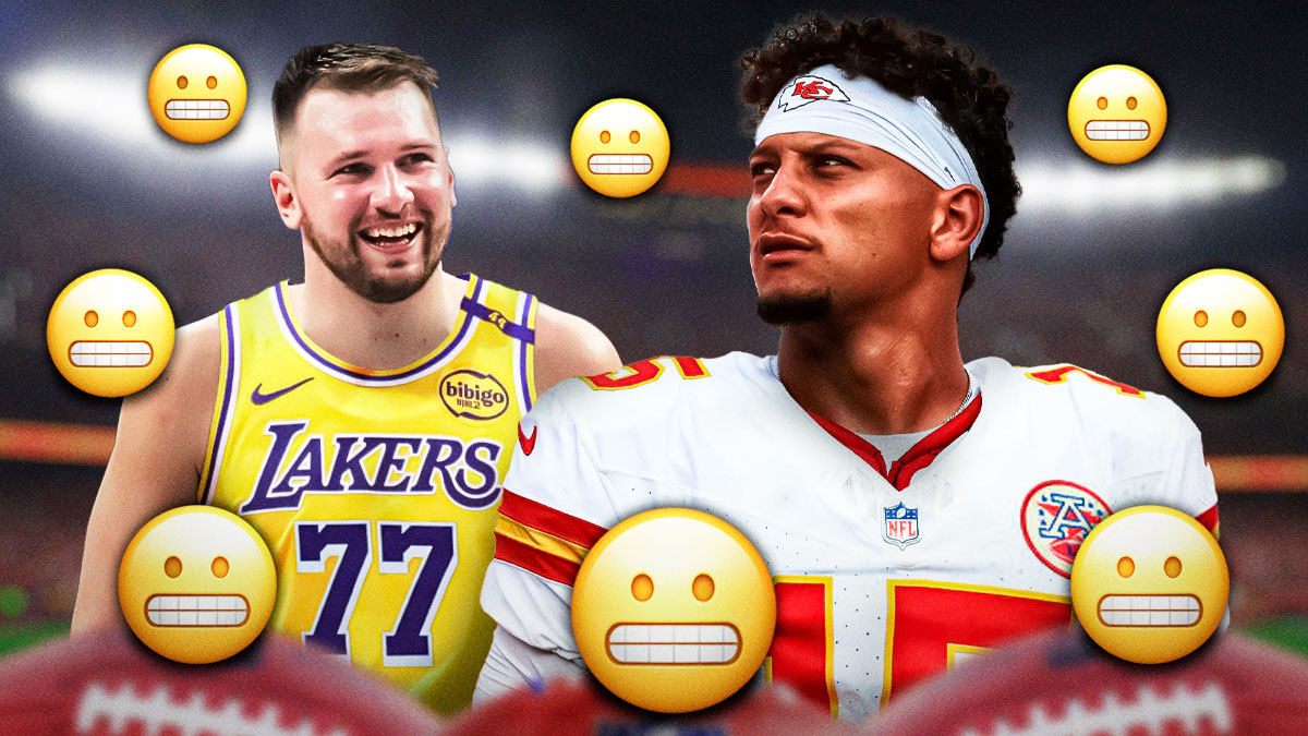 Patrick Mahomes on one side, Luka Doncic on the other side in a Los Angeles Lakers uniform, a bunch of the teeth clenched emojis in the background