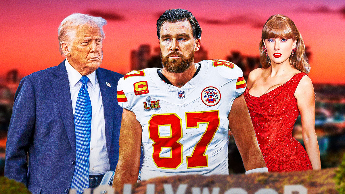 Travis Kelce frowns at Donald Trump. Taylor Swift in background