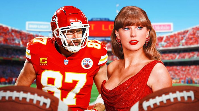 Kansas City Chiefs tight end Travis Kelce, who does not know when he will retire, with Taylor Swift and GEHA Field at Arrowhead Stadium background.