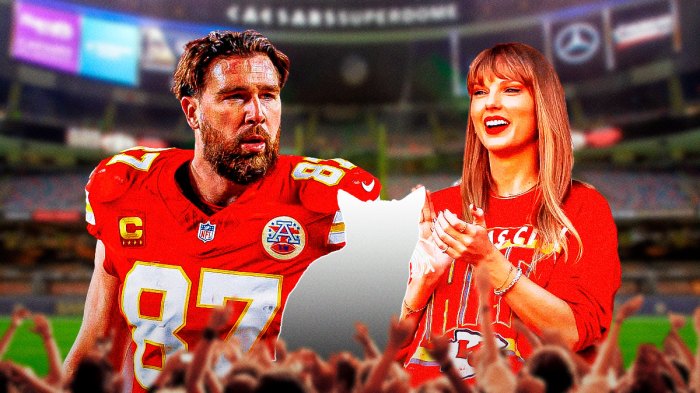 Kansas City Chiefs tight end Travis Kelce and Taylor Swift with silhouette of cat in between them and Caesars Superdome background, where Super Bowl 59 will be played.