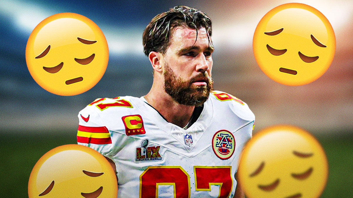 Travis Kelce with sad face emojis around the picture.