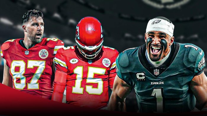 Chiefs' Travis Kelce and Patrick Mahomes sad, with Eagles' Jalen Hurts smiling beside them