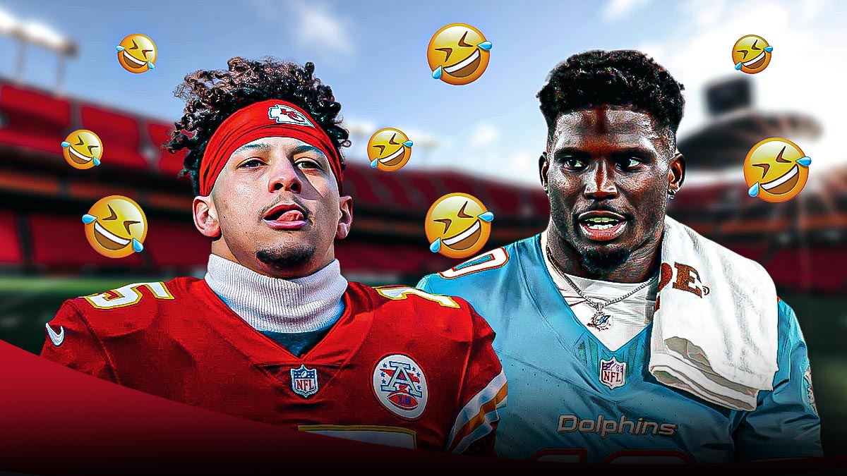 Tyreek Hill and Patrick Mahomes in the center, with laughing emojis all around them.