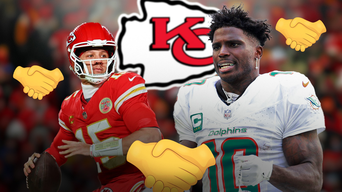 Patrick Mahomes, Tyreek Hill, Kansas City Chiefs logo in background, handshake symbols