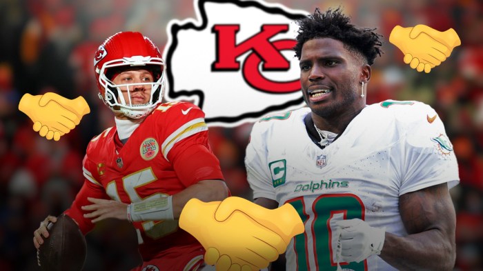 Patrick Mahomes, Tyreek Hill, Kansas City Chiefs logo in background, handshake symbols