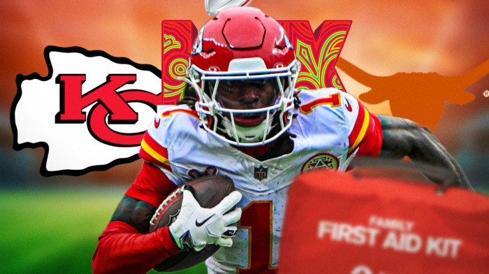 Xavier Worthy, Kansas City Chiefs and Texas Longhorns and Super Bowl 59 logos, fire symbols