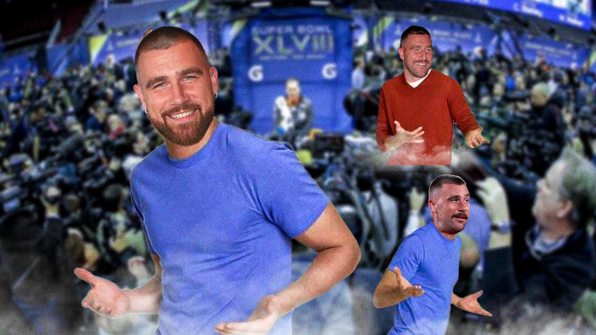 Three pictures of Chiefs TE Travis Kelce shrugging with Super Bowl Media Day background.