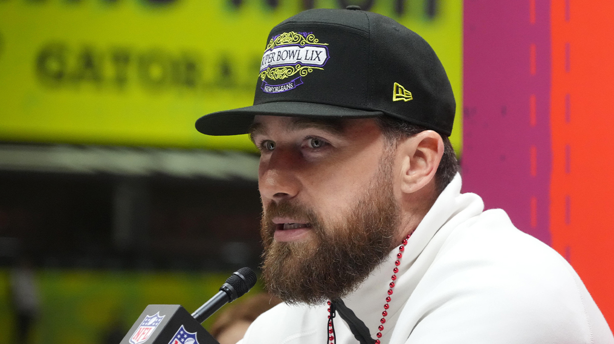 Kansas City Chiefs Titheran End Travis Kelce (87) During the Super Bowl character opens the night at Ceasars SuperDome. 