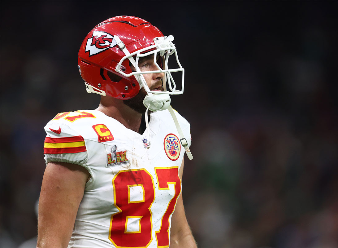 Kansas City Chiefs tight end Travis Kelce (87) reacts in the fourth quarter against the Philadelphia Eagles in Super Bowl LIX at Ceasars Superdome.