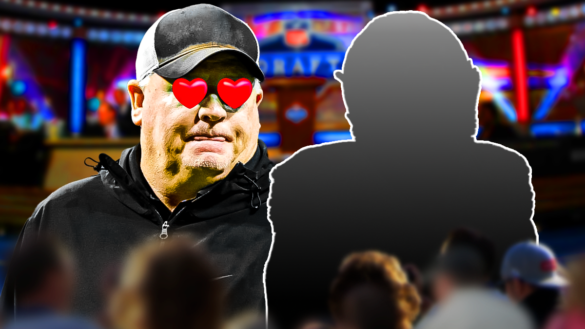 New Raiders offensive coordinator Chip Kelly with heart eyes looking at SILHOUETTE of Ohio State running back TreVeyon Henderson. Background is NFL Draft stage.