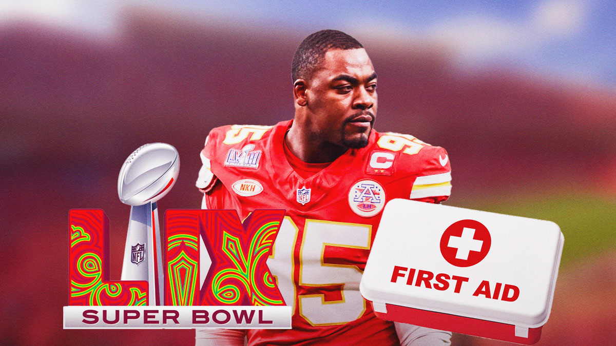 Chris Jones with a first aid kit near him. Super Bowl 59 logo.