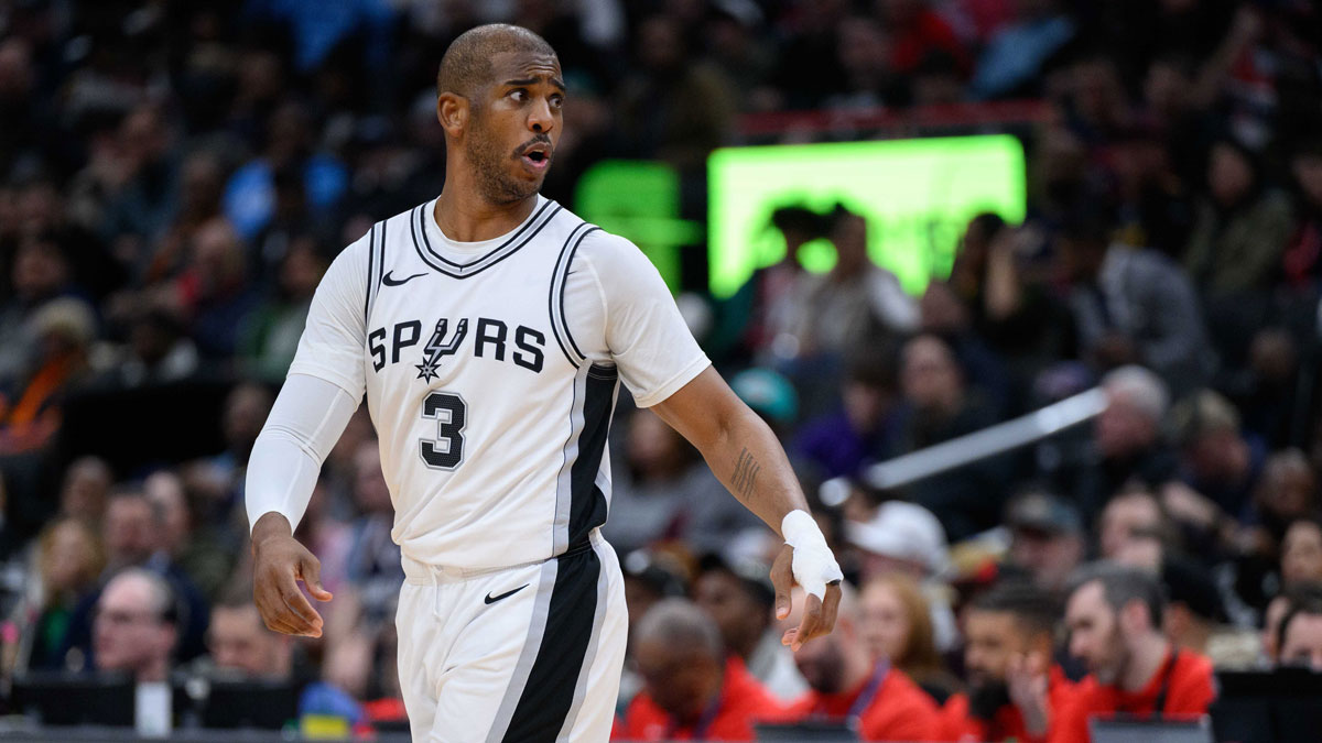 San Antonio Spurs guard Chris Paul (3) looks on during the second quarter against the Washington Wizards at Capital One Arena.