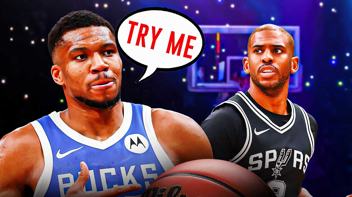 Giannis Antetokounmpo saying "Try me." to Chris Paul.