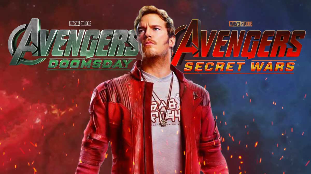 Chris Pratt as Peter Quill/Star-Lord in Marvel with logos of the next two Avengers movies, Doomsday and Secret Wars.