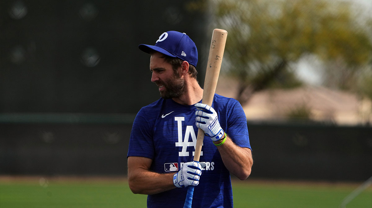 Los Angeles Dodgers outfielder Chris Taylor (3) looks on during a Spring Training workout at Camelback Ranch.