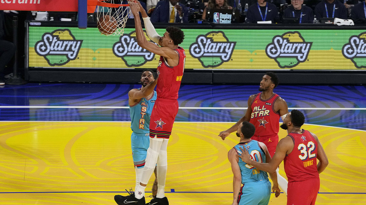 Chuck's global stars Next Victor Vigbania (1) San Antonio Spurs shoot against Shak's OGS forward Jaison Tatum (0) Boston Celtics during 2025 NBA All Star Games in Chase Center. 