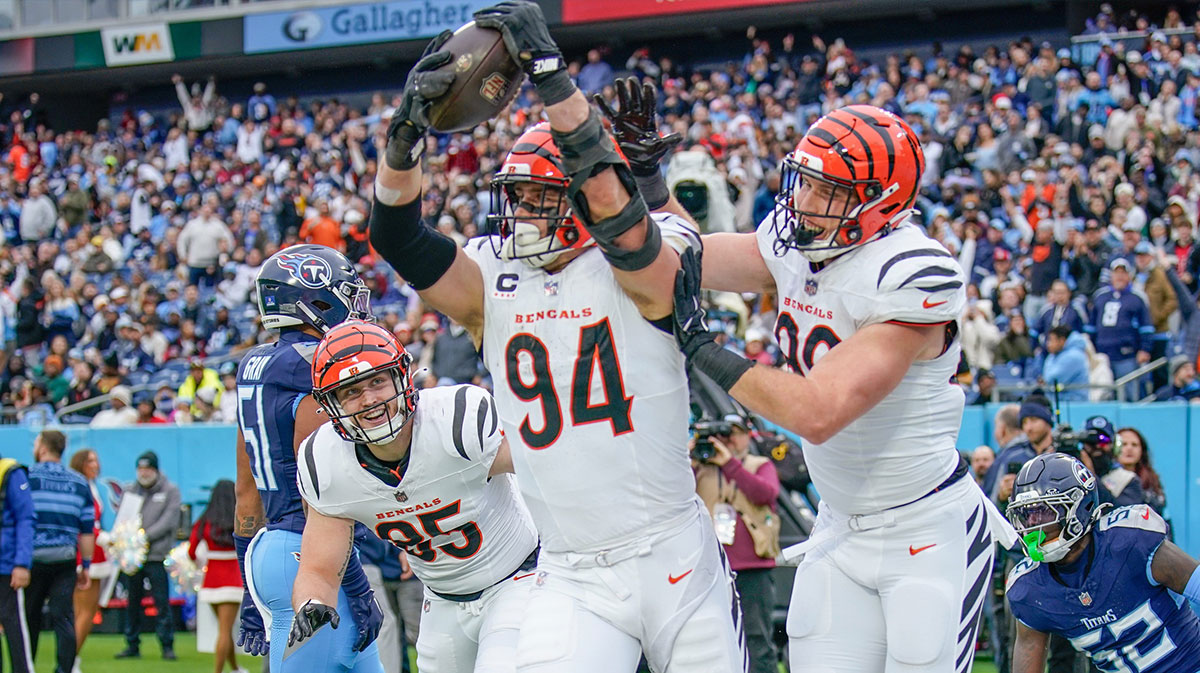 Cincinnati Bengals defensive end Sam Hubbard (94) celebrates a touchdown against the Tennessee Titans during the second quarter at Nissan Stadium in Nashville, Tenn., Sunday, Dec. 15, 2024.