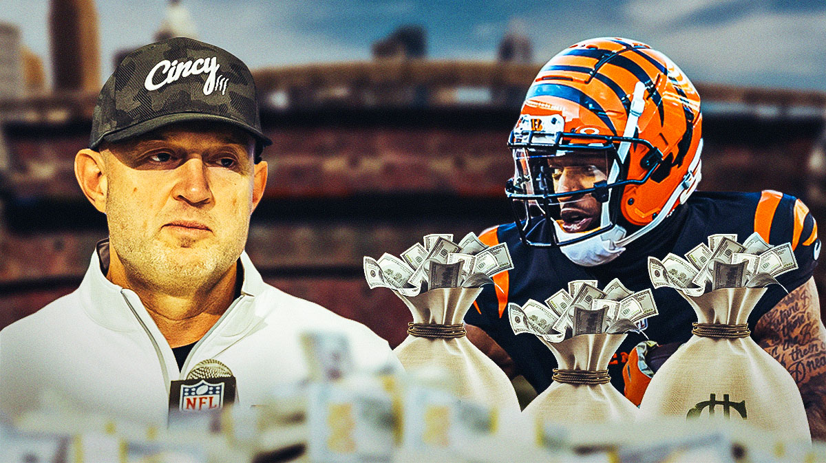 Benglas GM Duke Tobin with Ja'Marr Chase in a Cincinnati Bengals uniform holding a big bag of money. as the bengals will pay chase with a new contract but can they also pay free agent tee higgins?