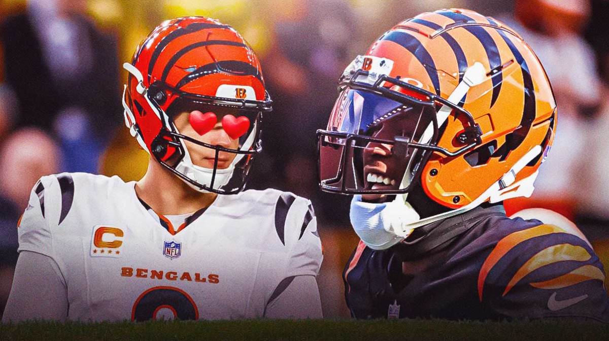 Joe Burrow in a Cincinnati Bengals uniform with hearts in his eyes looking at Tee Higgins in a Cincinnati Bengals uniform as Ja'Marr Chase and Tee Higgins need new contracts from the Bengals.